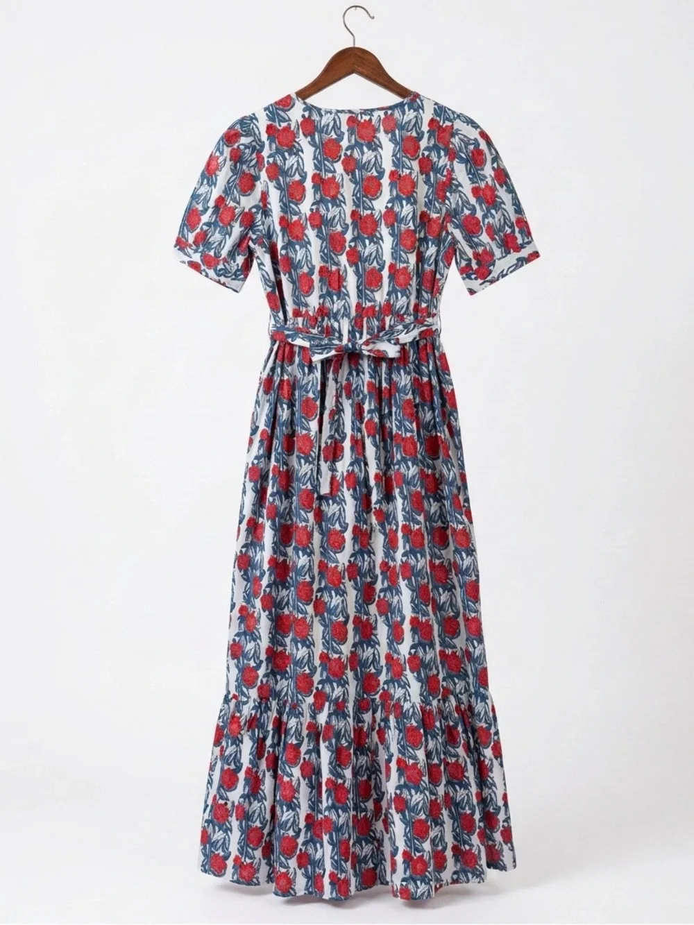 J.Crew Floral Cotton Maxi Dress Red Blue Tie Waist XS